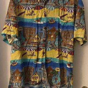 Casual Beach Print Button-Down Shirt - Yellow & Blue